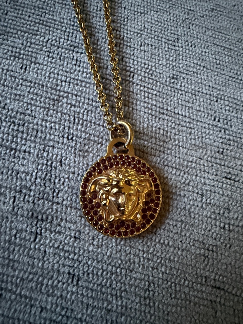 Versace Gold Medallion Necklace with Red Crystal Halo